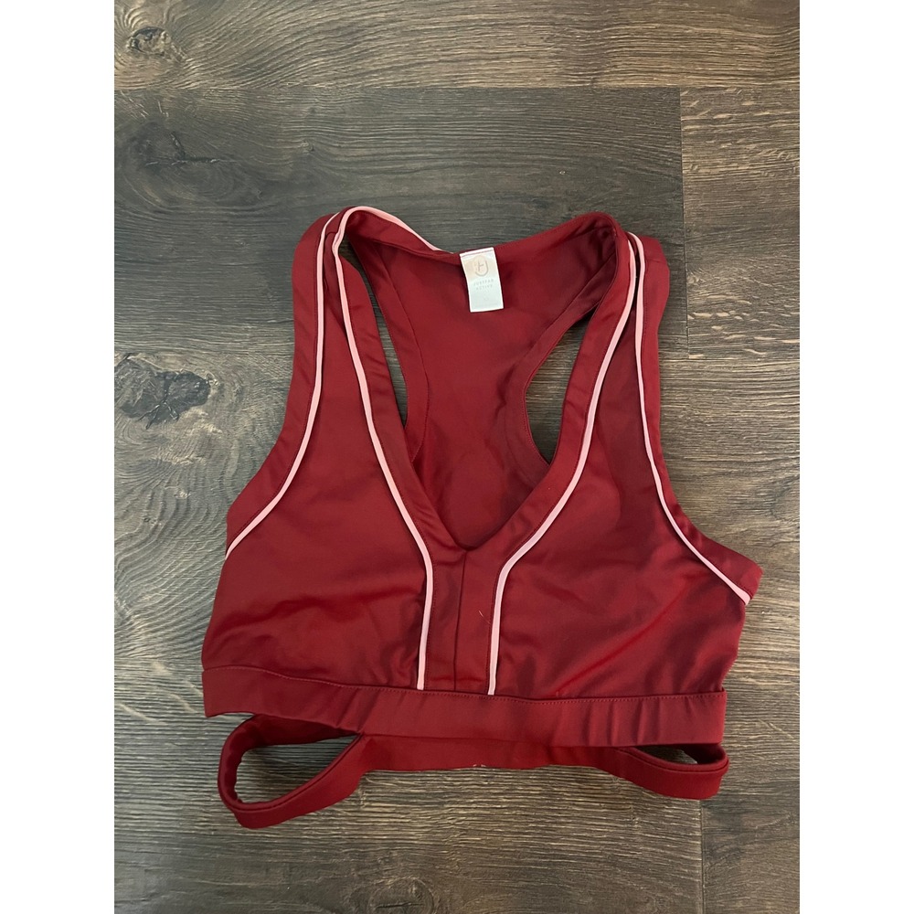 JustFab Active Womens XS Burgundy Red Pink Trim Racerback Cutout Sports Bra